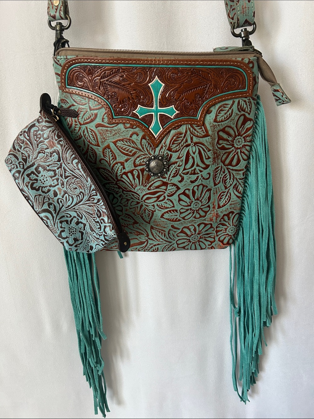 Myra Bag NWT Turquoise Floral Tooled Leather Suede Fringe Crossbody Bag w/ Pouch